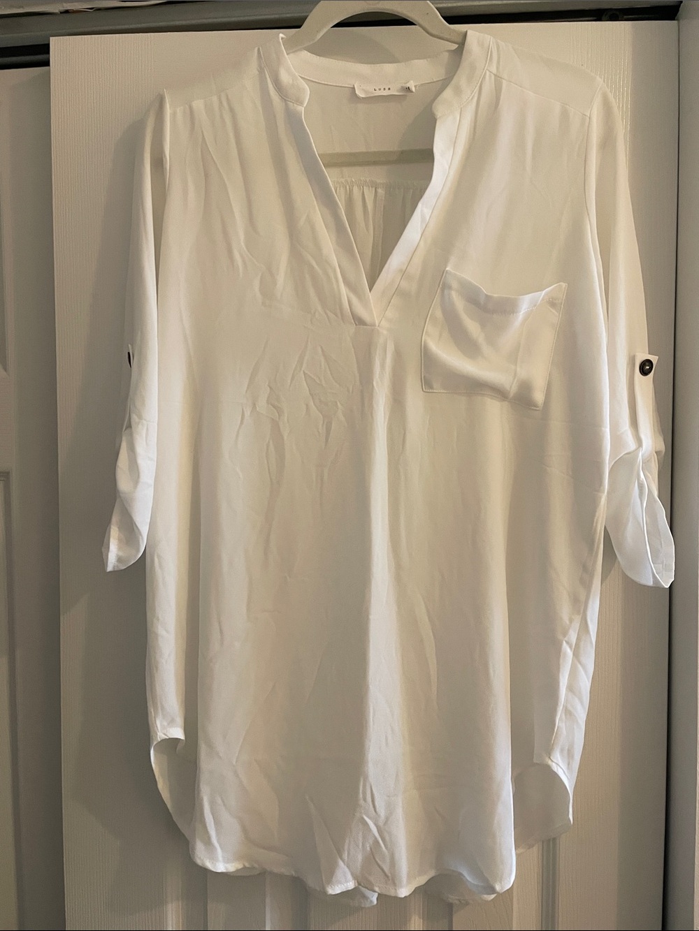 Lush White V-Neck Roll-Tab Sleeve Tunic